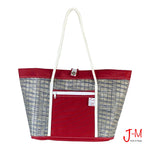 Shopping tote Mike, recycled  grey  sail / red canvas, handmade in Italy by J-M Sails and Bags. Front view