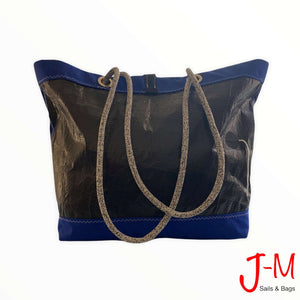 Shopping tote Delta, black 3Di / blue handcrafted by J-M Sails and Bags, back side