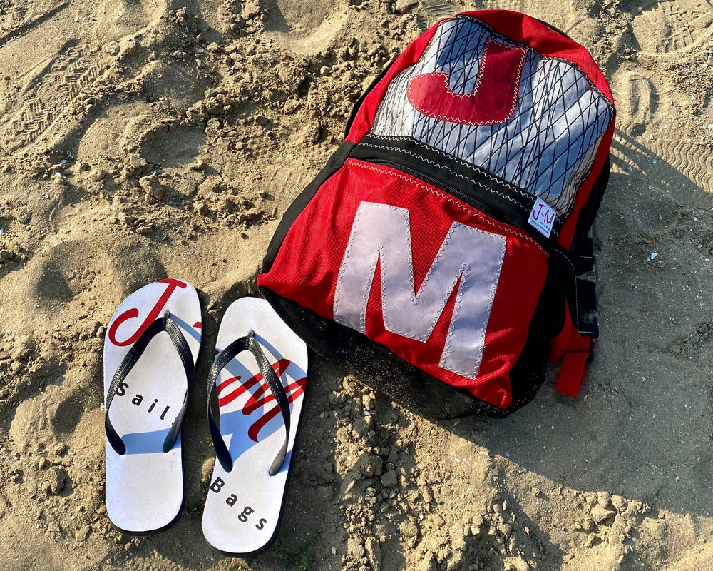 Flip flops and custom backpack by J-M Sails and Bags.