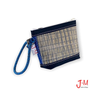 Pouch Hotel Grey / Navy, handcrafted from repurposed sailcloth by J-M Sails and Bags in Italy. 45° Side  