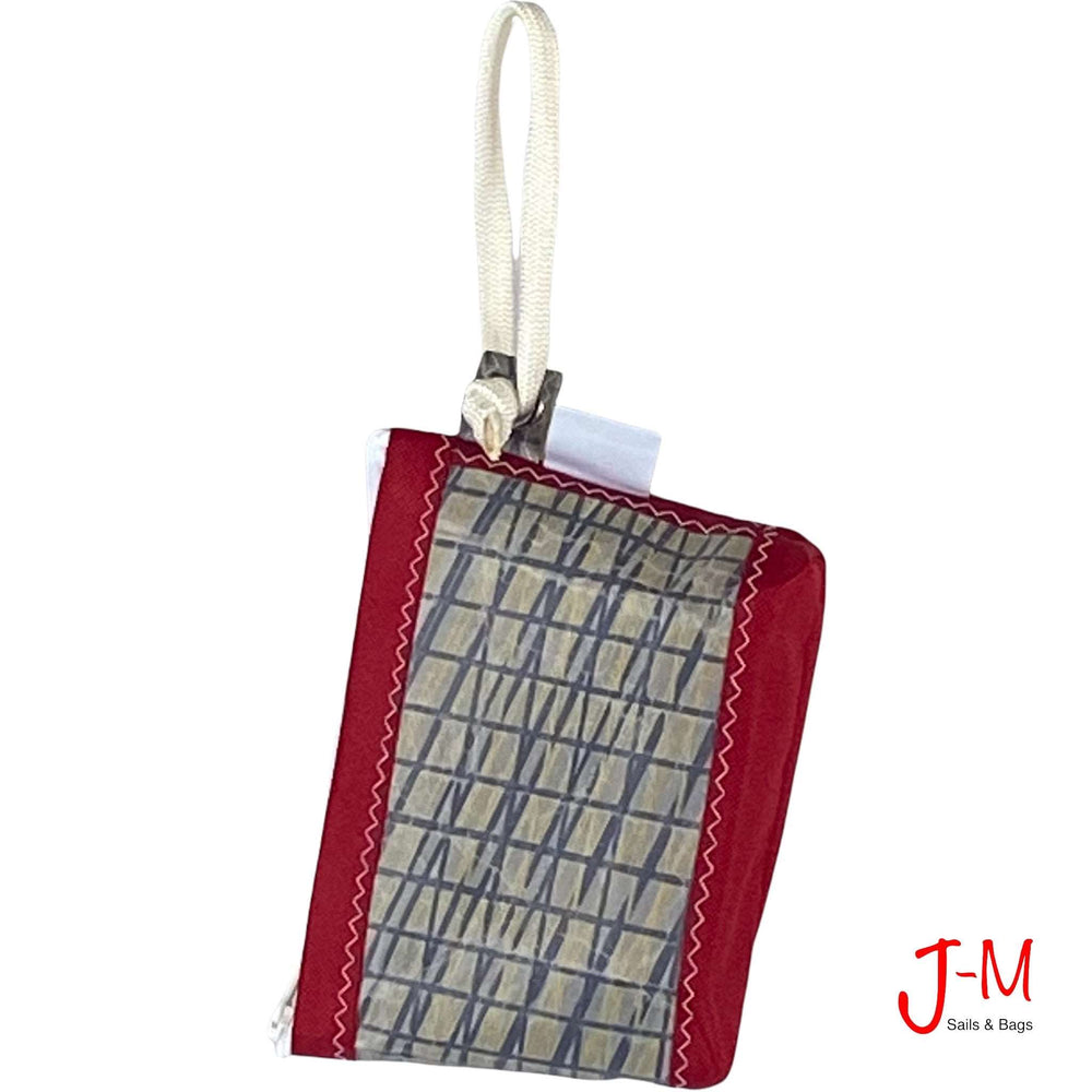 
                  
                    Pouch Hotel, Technora / grey / red, recycled sail handcrafted ny J-M Sails and Bags, back side view
                  
                