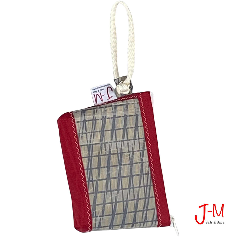 
            
                Load image into Gallery viewer, Pouch Hotel, Technora / grey / red, recycled sail handcrafted ny J-M Sails and Bags, upright view
            
        