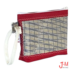
            
                Load image into Gallery viewer, Pouch Hotel, Technora / grey / red, recycled sail handcrafted ny J-M Sails and Bags, 45° view
            
        