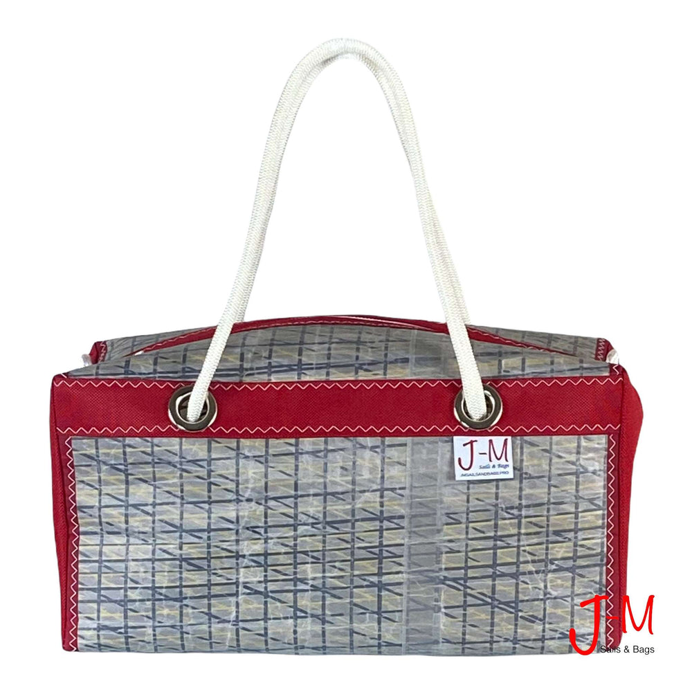 
            
                Laden Sie das Bild in den Galerie-Viewer, Duffel bag Bravo Small, grey sail / red canvas, handmade in Italy by J-M Sails and Bags Front view
            
        