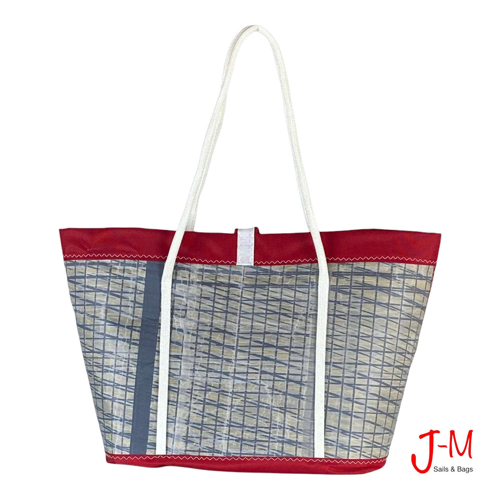 
                  
                    Shopping tote Mike, recycled  grey  sail / red canvas, handmade in Italy by J-M Sails and Bags. Backside  view
                  
                