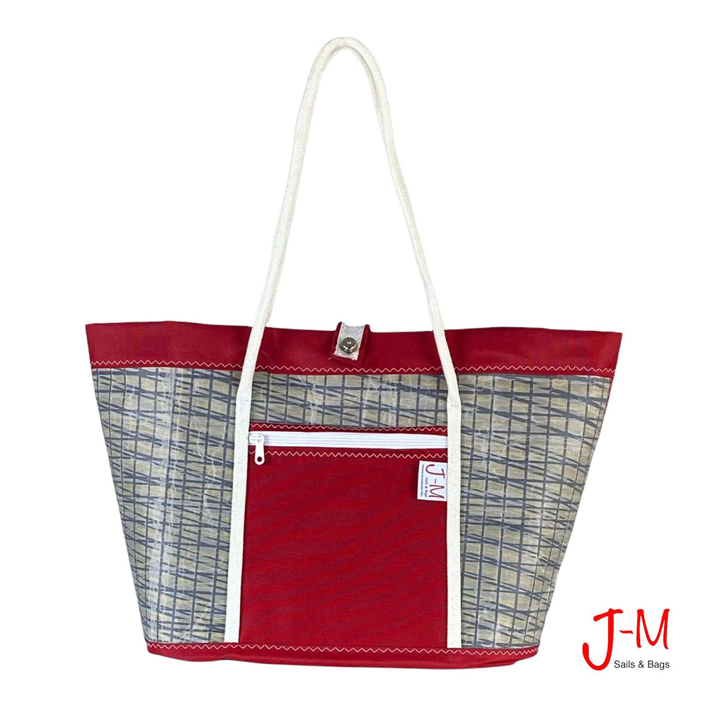 Shopping tote Mike, recycled  grey  sail / red canvas, handmade in Italy by J-M Sails and Bags. Front view