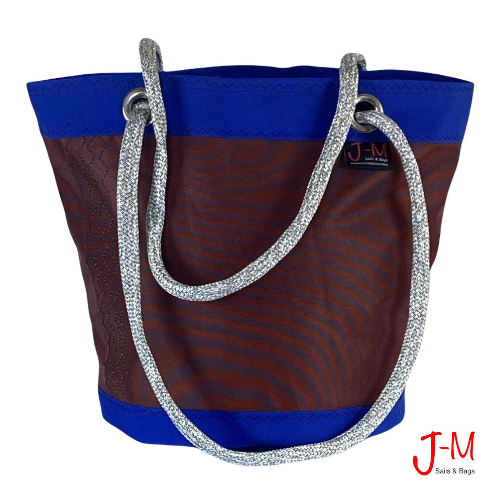 Shoulder bag, Lima large, dacron bordeaux / electric blue recycled sails handmade by J-M Sails and Bags, front view