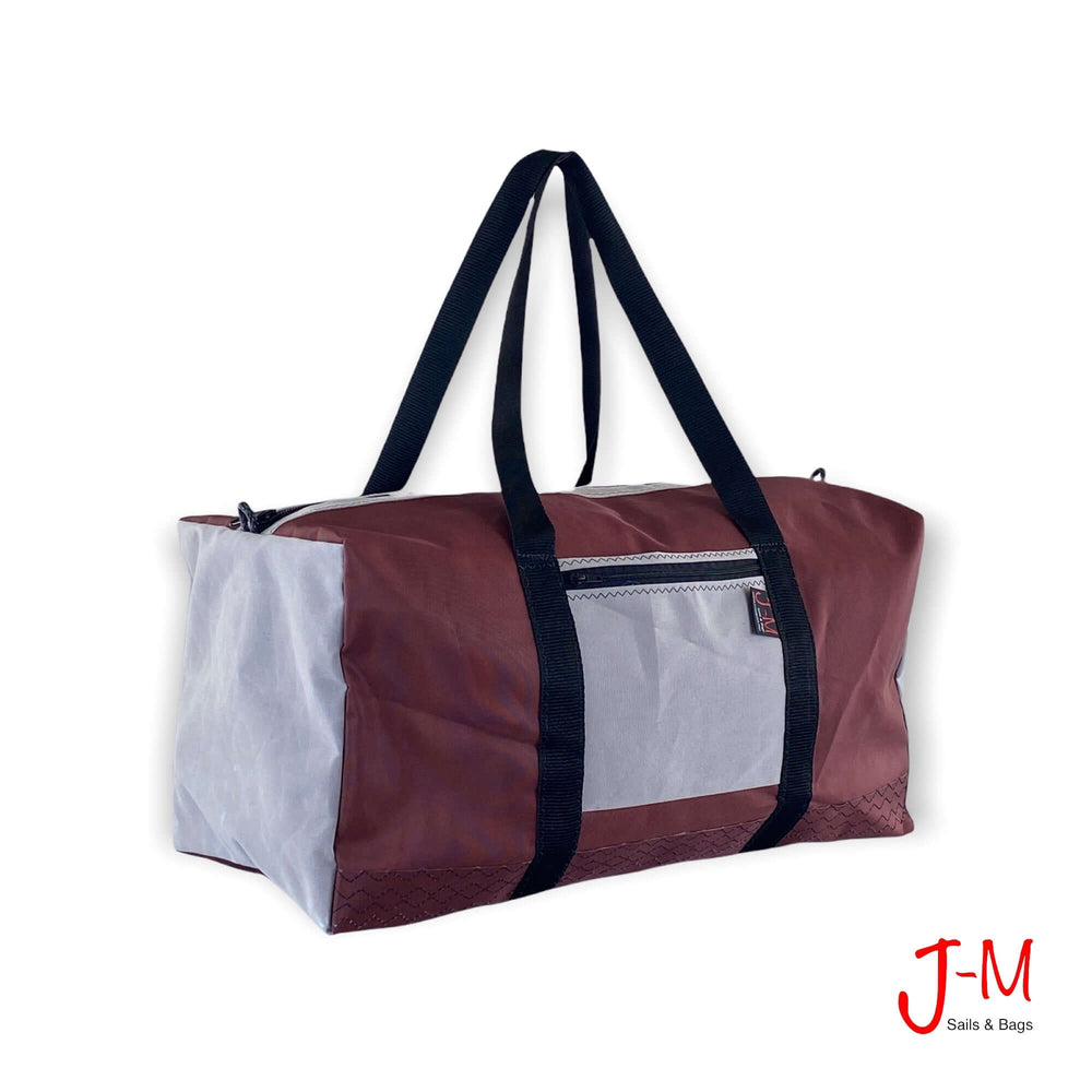 DUFFEL BAG BRAVO LARGE, BORDEAUX DACRON / GREY handmade in Italy by J-M Sails and Bags, 45° side