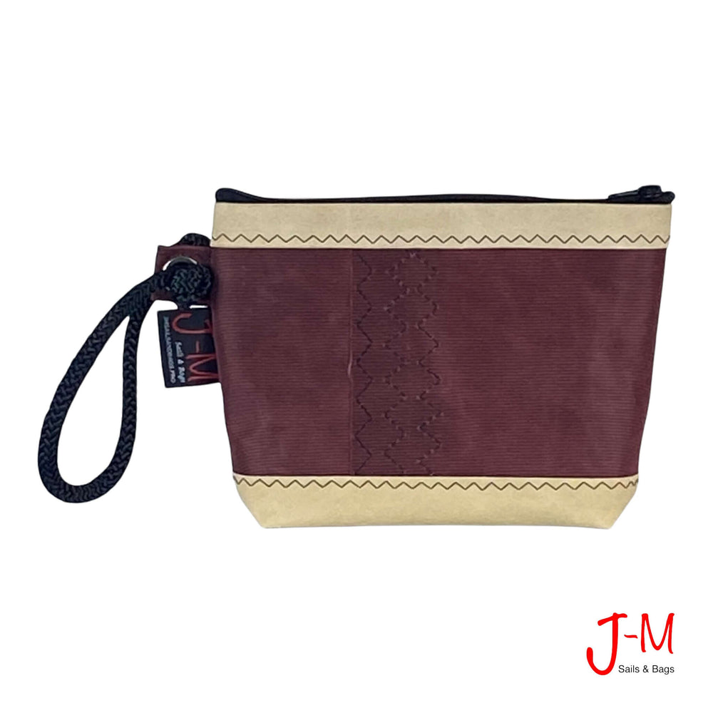 Pouch Hotel, dacron bordeaux / beige sailcloth and canvas handmade in Italy by J-M Sails and Bags. Front view