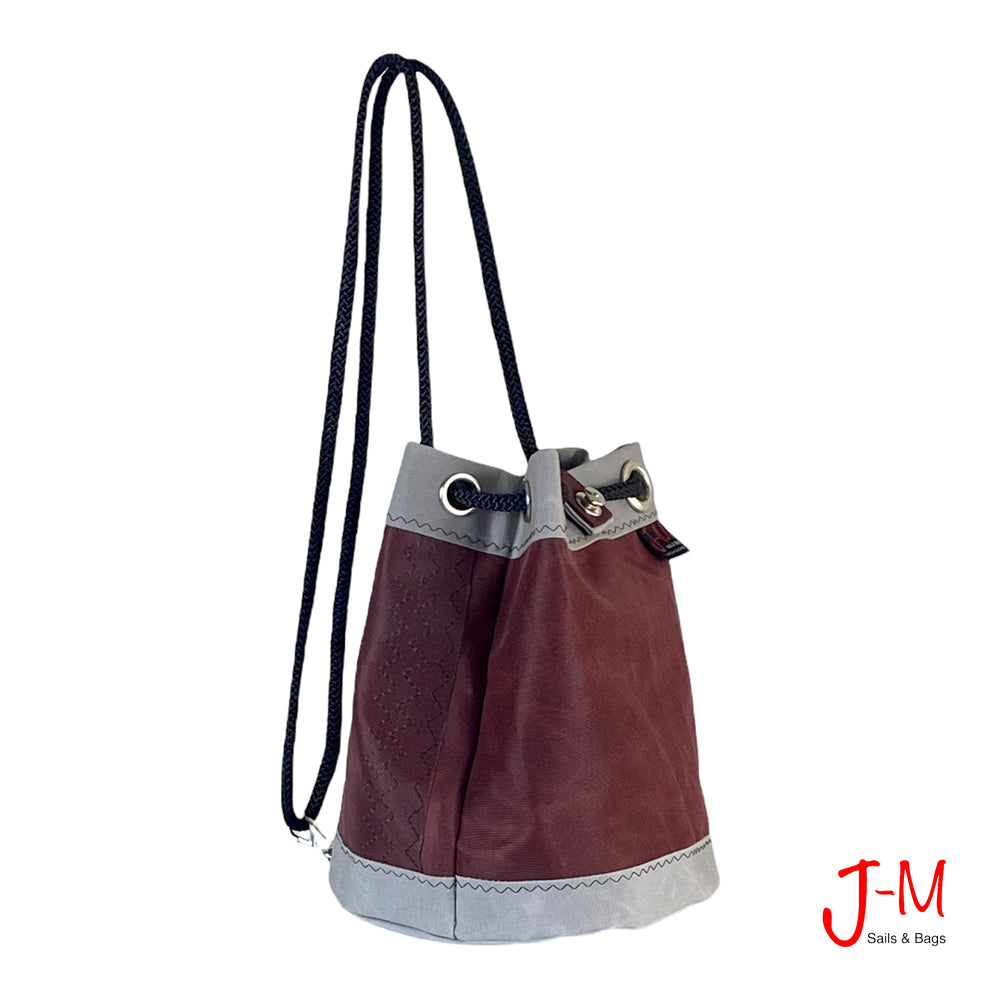 Bucket bag Charlie, bordeaux / grey recycled sails by j-m sails and bags, 45° view