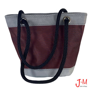 Shoulder bag "Lima medium", dacron bordeaux  sail,grey nautical canvas handmade in Italy by J-M Sails and Bags. backside view