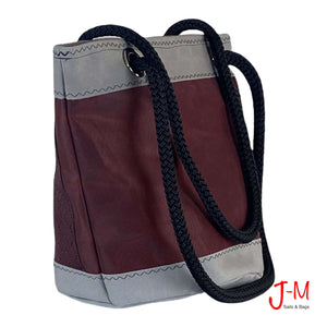 Shoulder bag "Lima medium", dacron bordeaux  sail,grey nautical canvas handmade in Italy by J-M Sails and Bags. 45° view